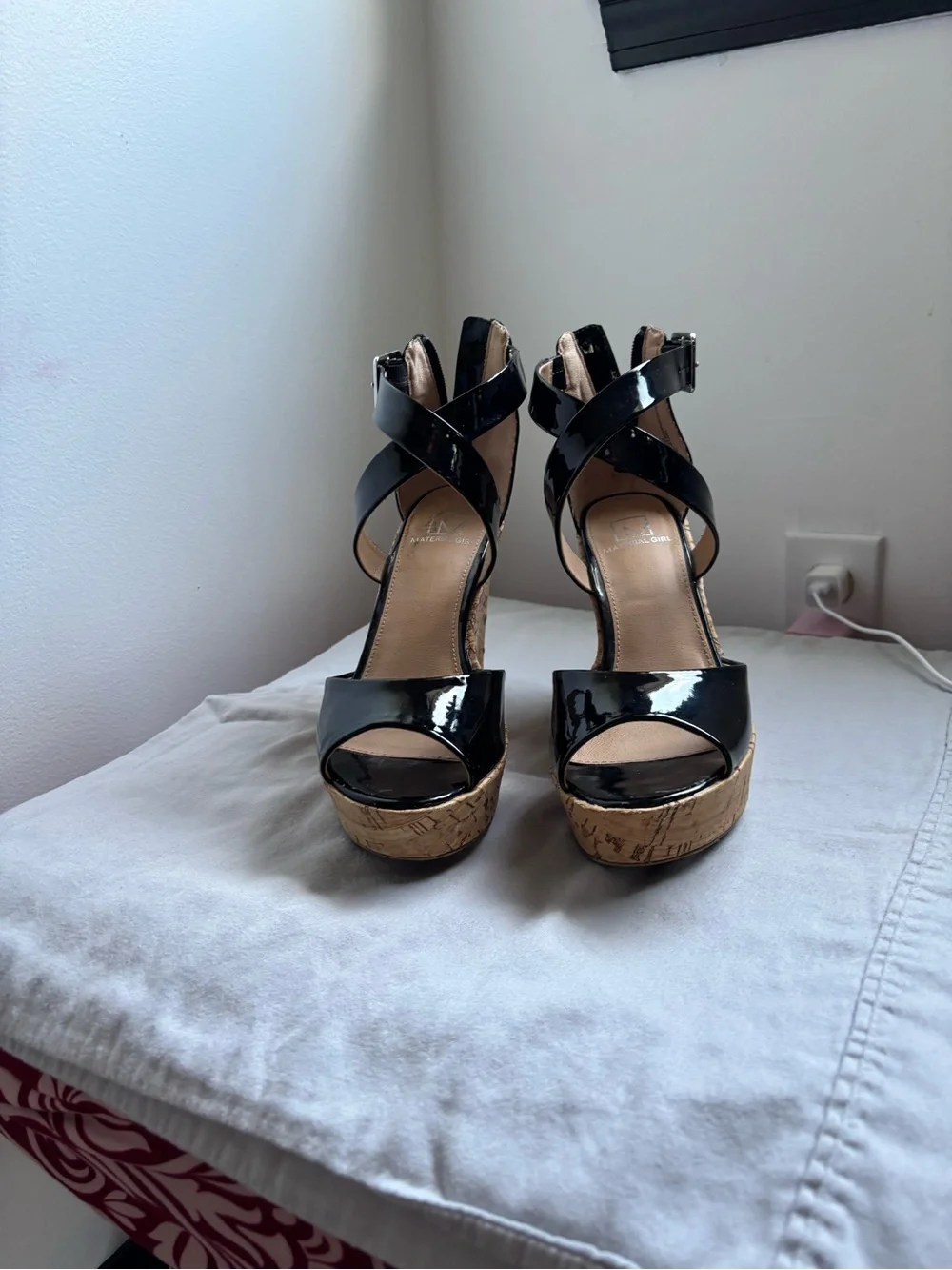 Material Girl Black Patent Cork Platform Wedge Sandals